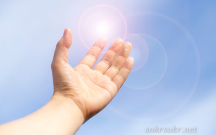 Woman's or man's hand turned up to the blue sky and sunshine and copy space.